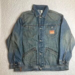 Y2K rocawear mens light wash embroidered jean‎ jacket patchwork hip hop 90s xl